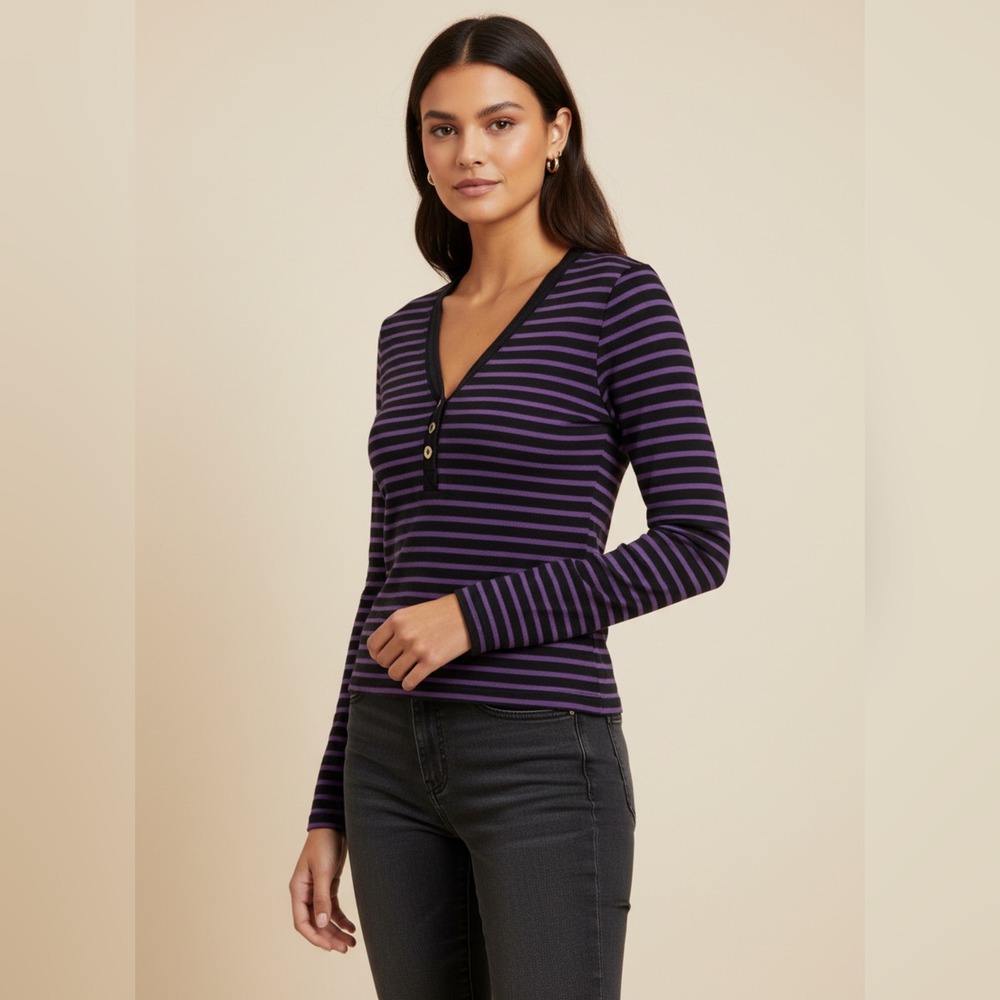 Ralph Lauren Henley‎ Striped Long Sleeve Top Purple Plum V Neck Casual Gilmore